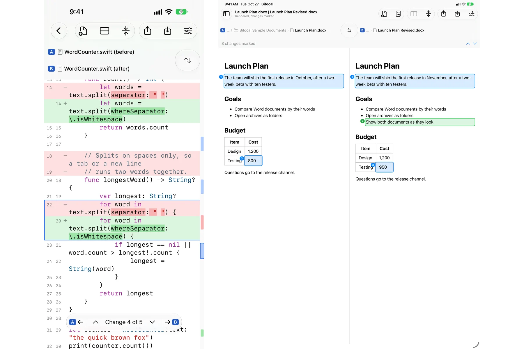 The same Swift comparison on an iPhone, and a Word document's changes marked on an iPad.