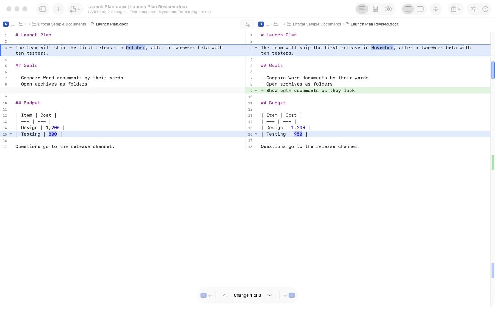 The same Word documents compared as text, their words shown as Markdown with the changed words highlighted.