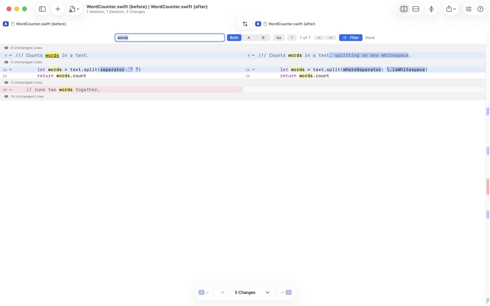 The find bar open above a text comparison, the word 'words' typed, 1 of 7 matches counted, and Filter on so only the lines with a match are shown.