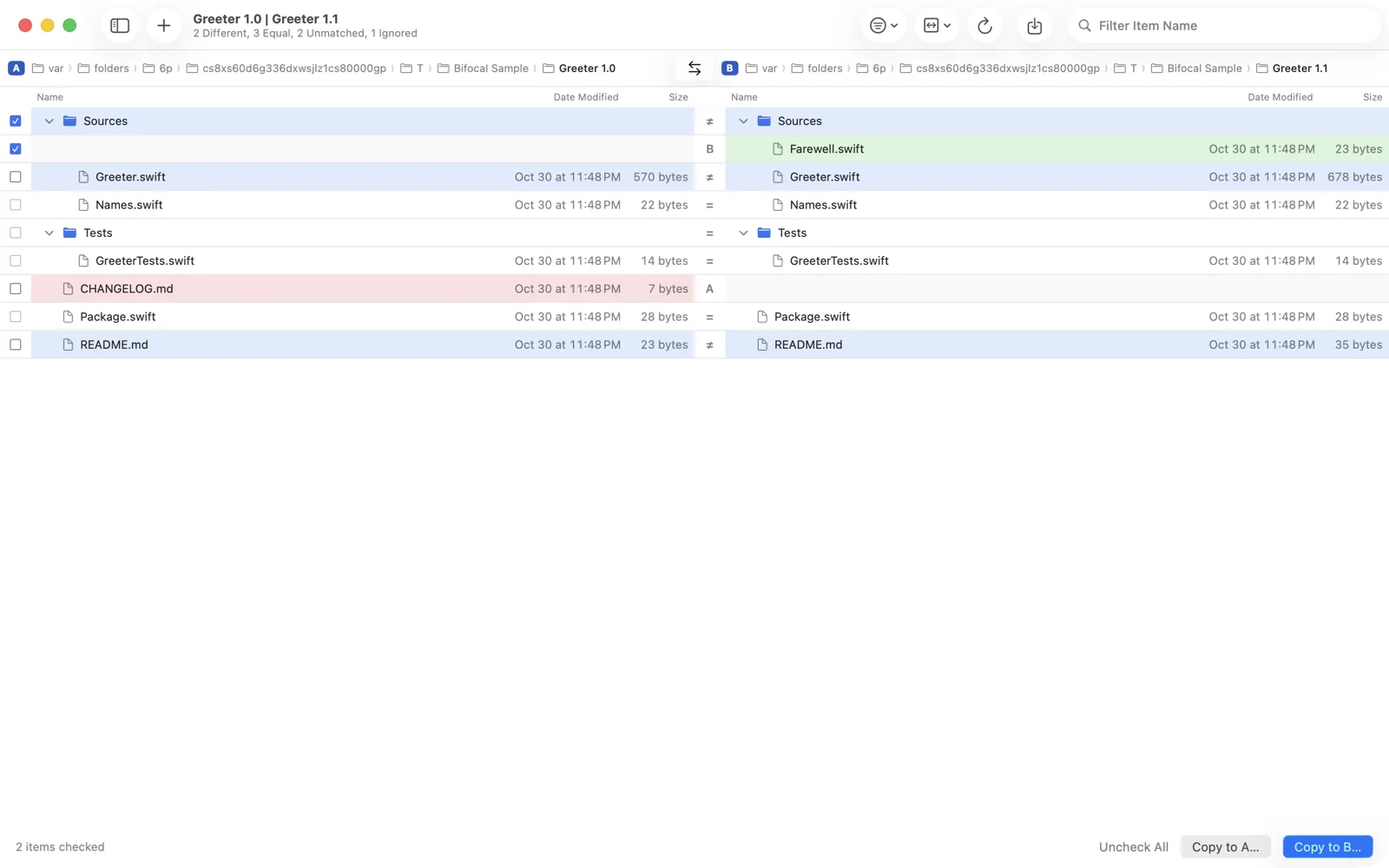 Two folders side by side, each file marked as different, equal, only in A or only in B, two items checked and a Copy to B button at the bottom.