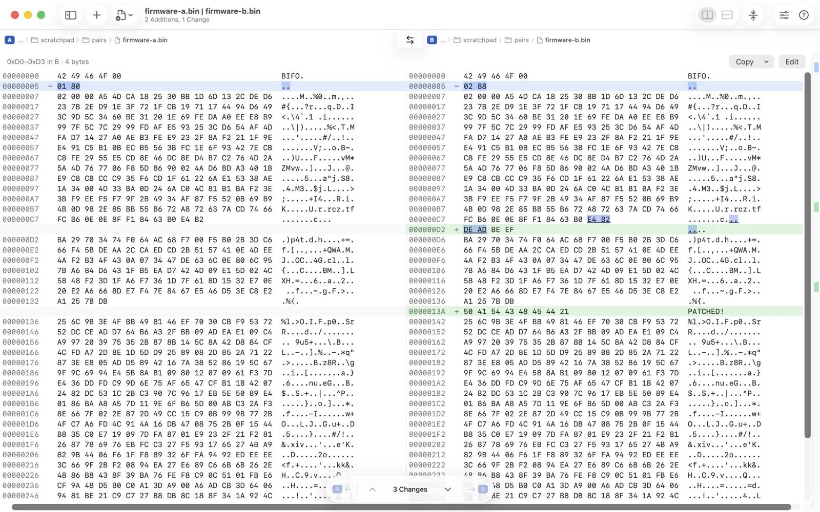 Two firmware files in the hex view: offset, hex and ASCII columns per side, two inserted runs highlighted in B, and a bar above reading 0xD0 to 0xD3 in B, 4 bytes, with Copy and Edit buttons.