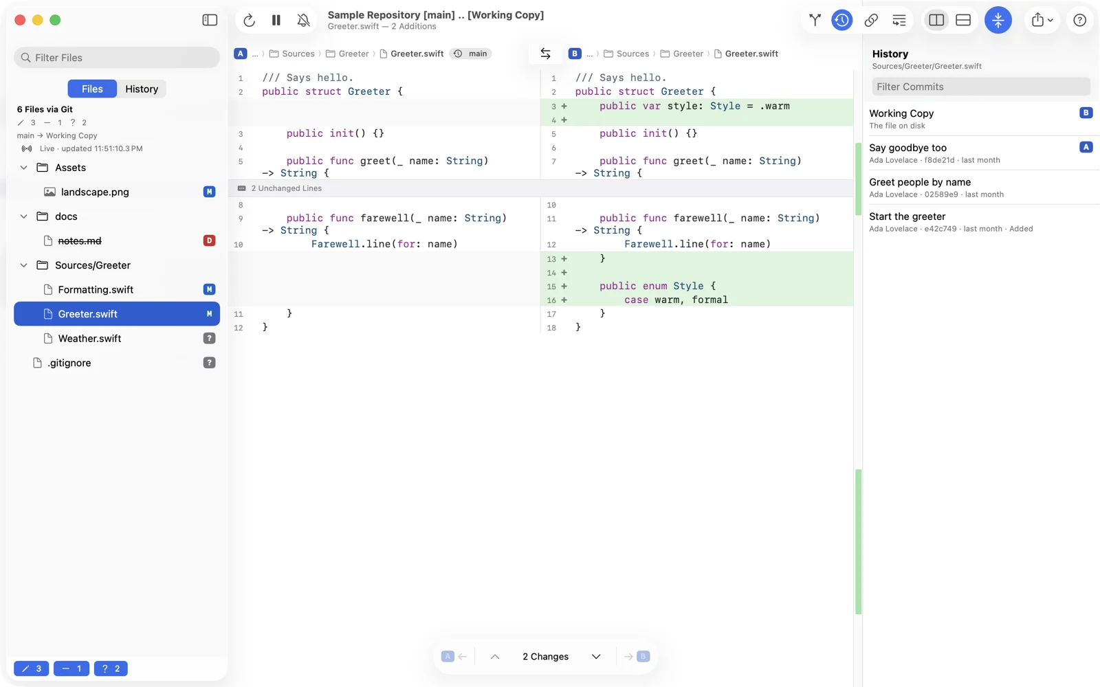 The same changeset with the History panel open on the right, listing the working copy and two commits by Ada Lovelace for Greeter.swift.