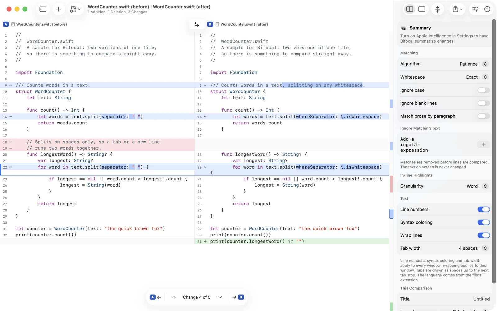 The inspector open beside a text comparison, with the Summary card at the top and the matching, highlight and text options below it.
