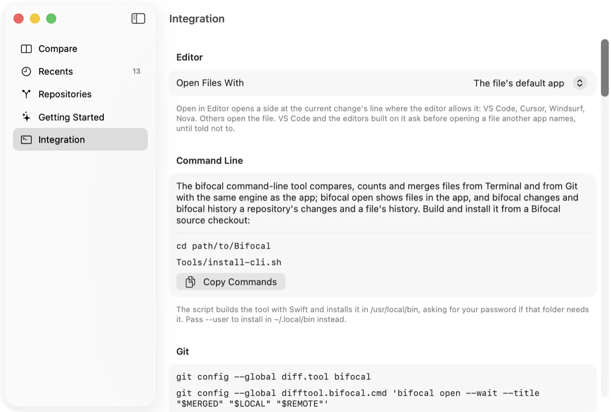 The Integration page of the Welcome window: an Editor picker, the command-line tool's install commands with a Copy Commands button, and the Git configuration lines.