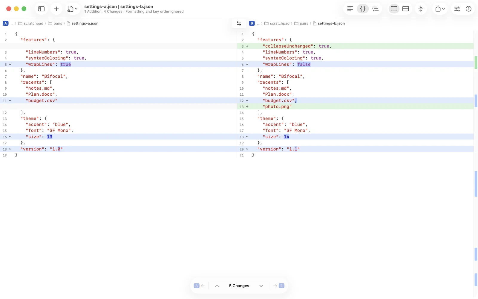 Two JSON settings files in the Normalized view, printed the same way on both sides so only the changed values are marked: a new key, a changed size and a longer list.