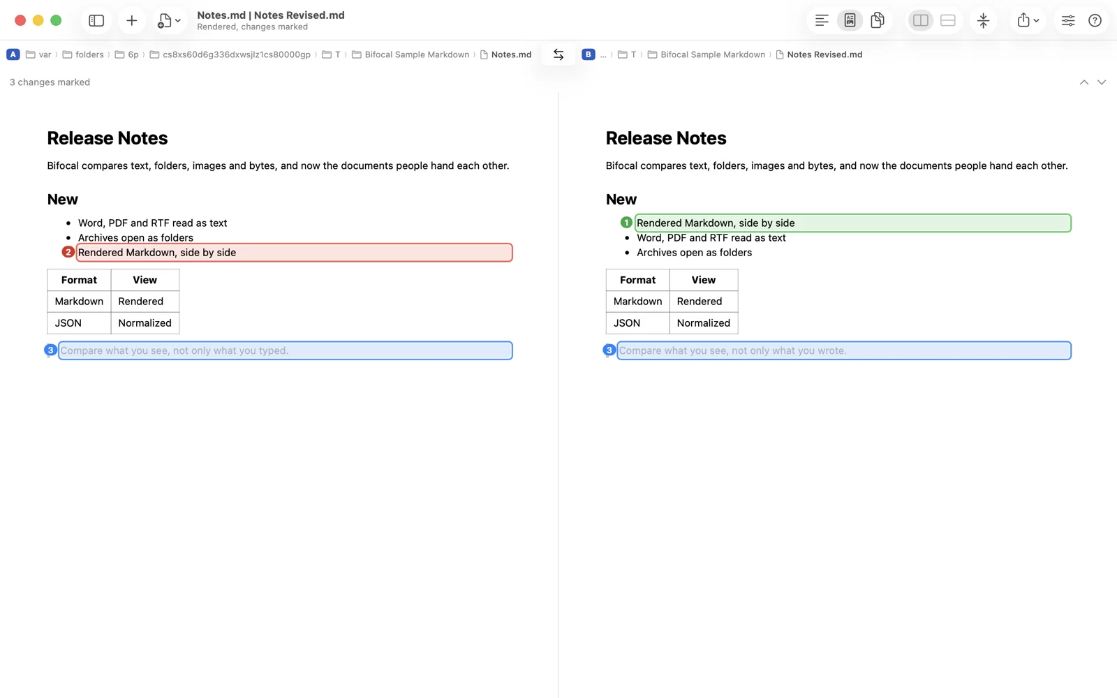 Two Markdown files drawn side by side, a moved list item and a changed sentence marked.