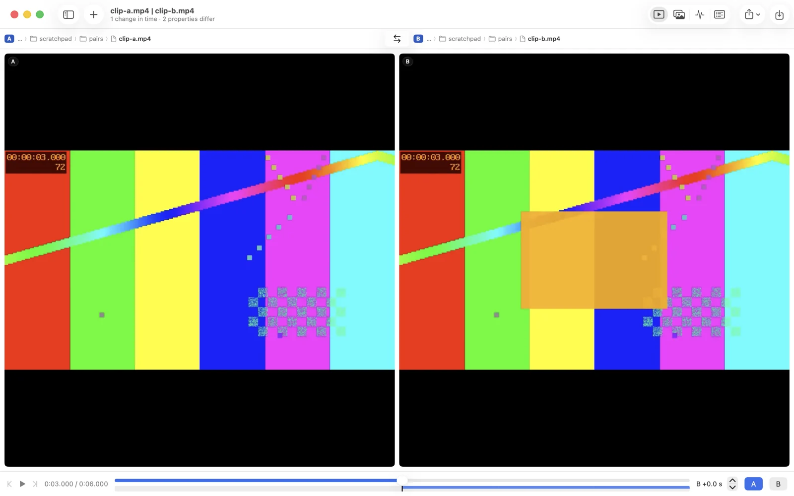 Two video clips side by side at the same moment, three seconds in, where an orange box has appeared in B; the scrubber below shows the change.