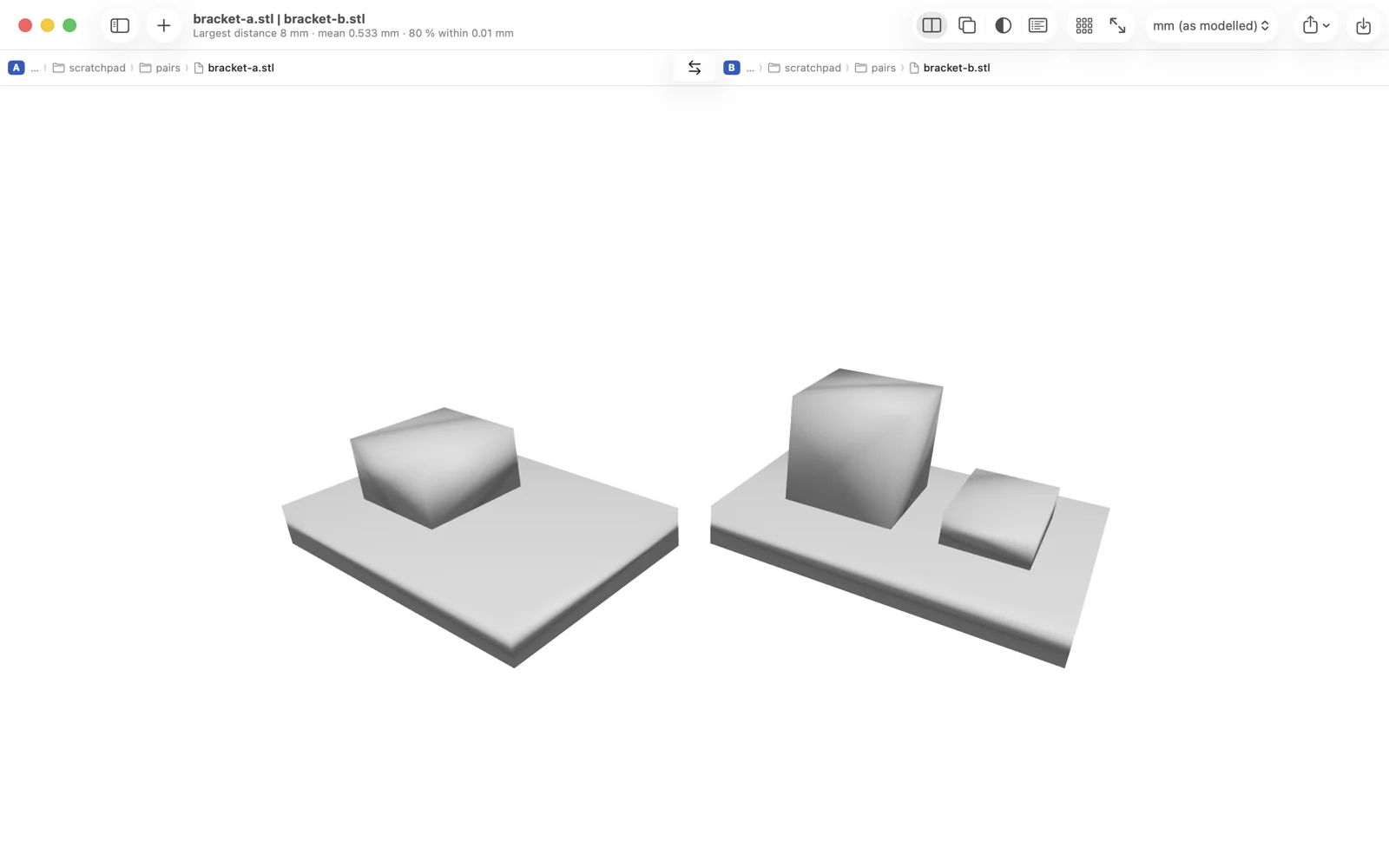 Two 3D models of a bracket side by side under one camera; the second has a taller boss and an extra block, and the title reads largest distance 8 mm.