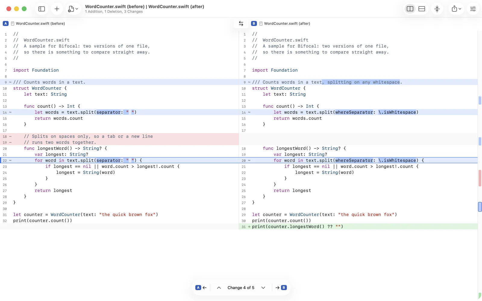 Two versions of a Swift file side by side on the Mac. Changed lines are marked in the gutter, the changed words inside them highlighted, and the navigator at the bottom reads Change 4 of 5.