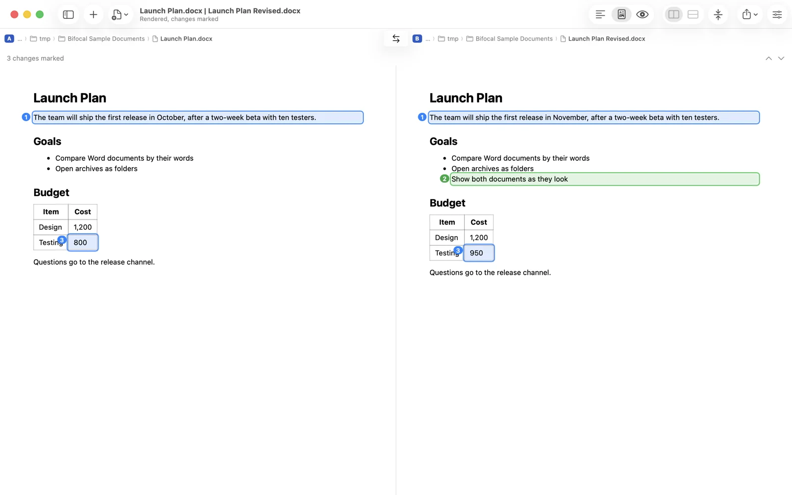 A Word document and its revision side by side, rendered as they look, with three changed blocks numbered and outlined.