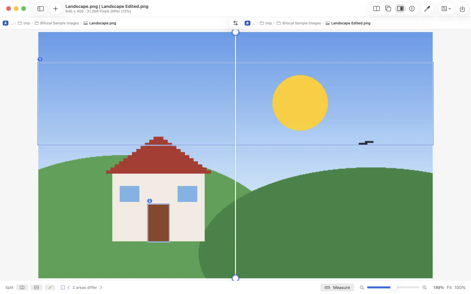 Two versions of a landscape photo split by a diagonal line, each half from one side, with the changed areas outlined.
