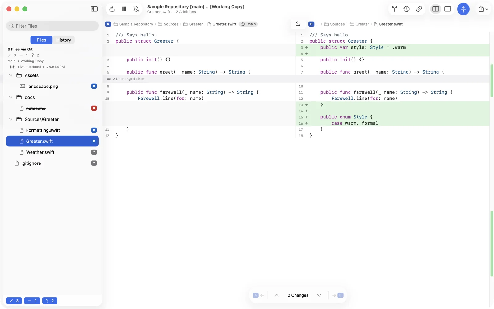 A Git changeset on the Mac: the sidebar lists six changed files and the main view compares Greeter.swift on main against the working copy.